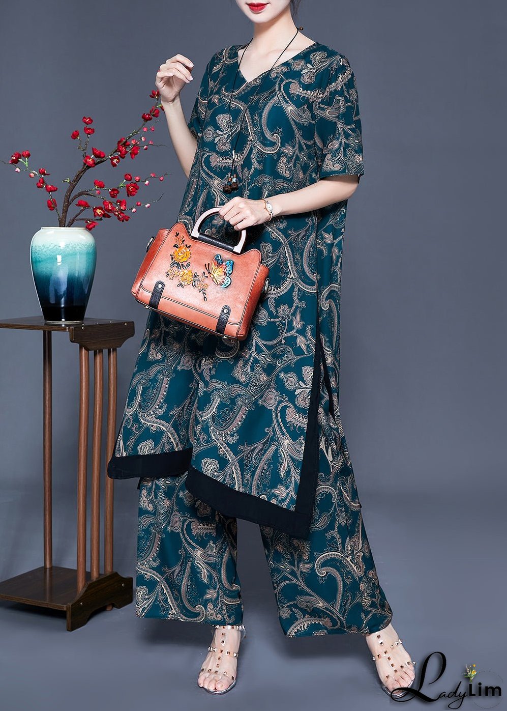 Fine Blackish Green V Neck Patchwork Print Silk Two Pieces Set Summer