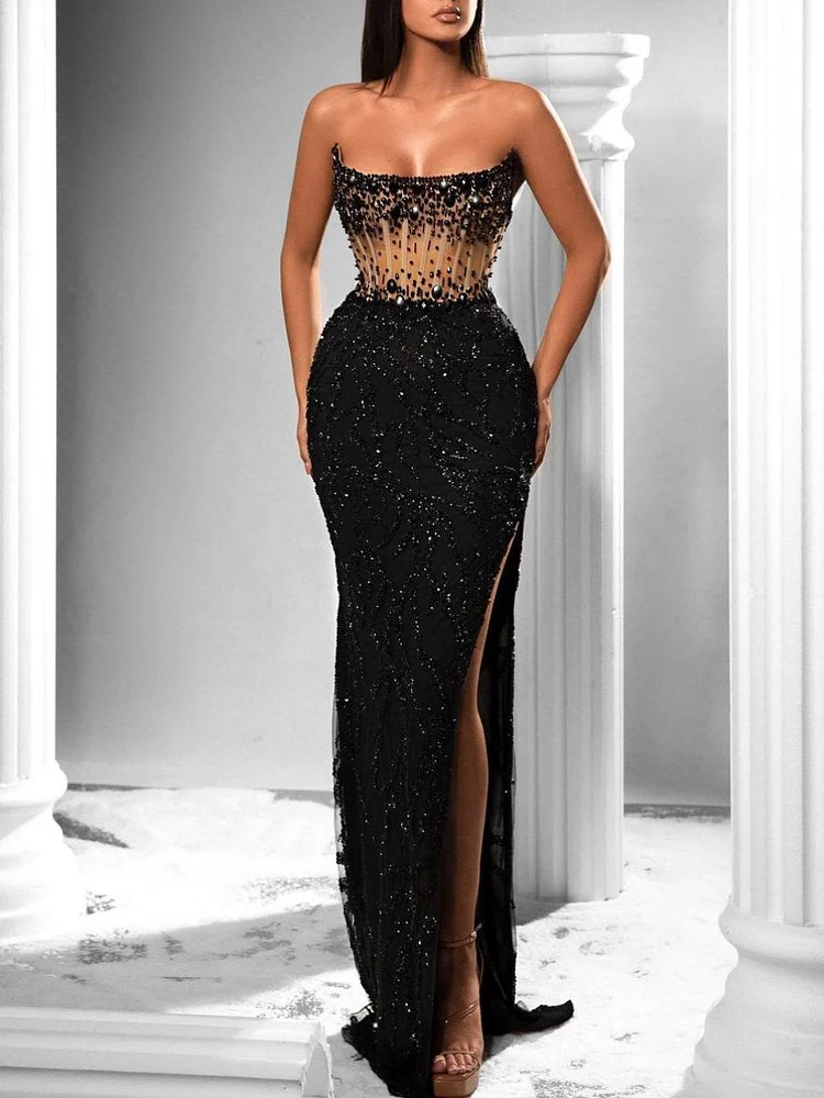 Strapless Rhinestone Sequin High Slit Slim Fit Evening Gown