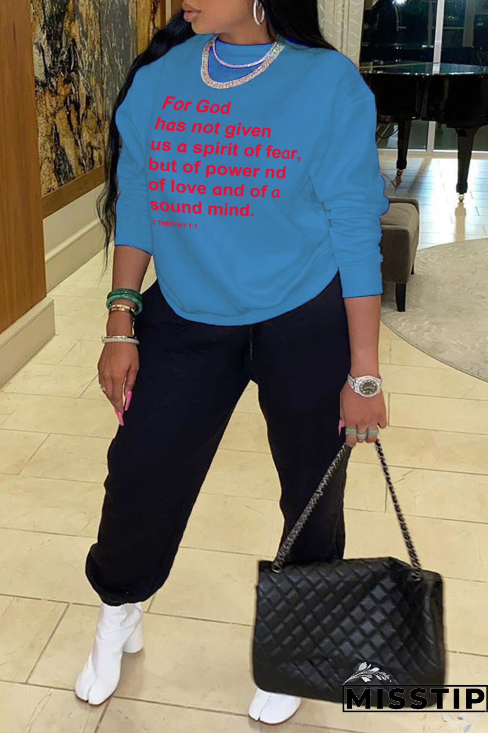 Blue Daily Print Letter O Neck Tops