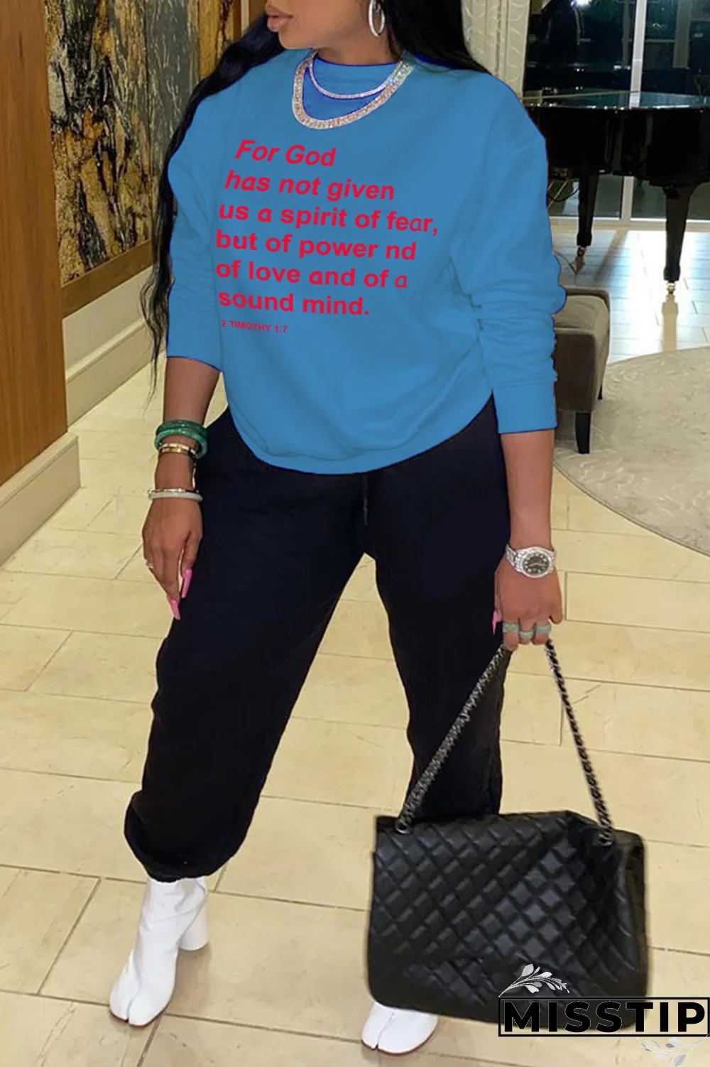 Blue Daily Print Letter O Neck Tops