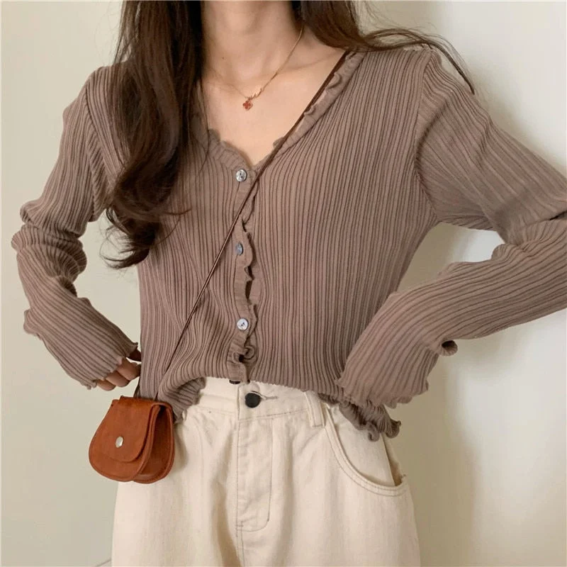 Korean Short Sweater Women V-Neck Knitted Cardigan 2021 Fashion Single Breasted Women Elasticity Cropped Cardigan Sweater Female
