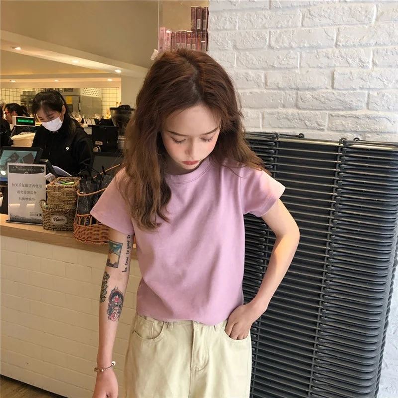Uveng Uveng Cotton 2024 Summer Wear New Pure Cotton Short Style Show Thin Crop Short-Sleeve T-Shirt Women's Slim And Versatile Pure Color Jacket Tide