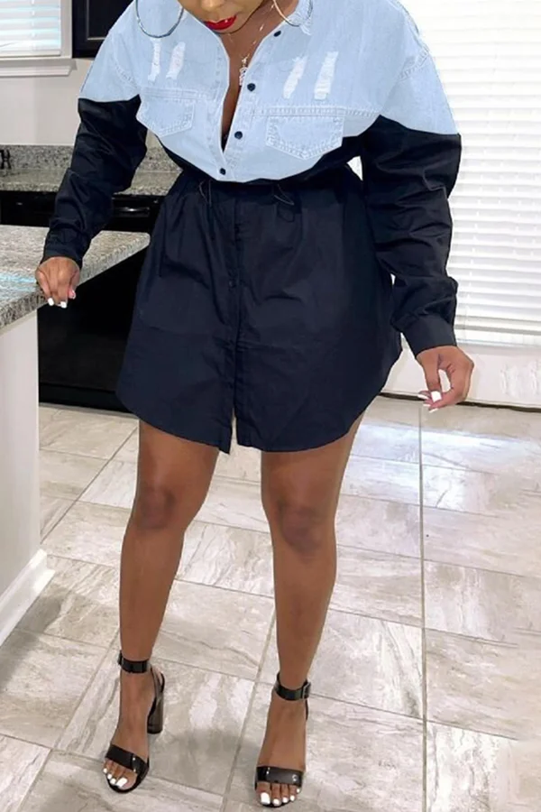 Denim Stitching Drawstring Buttons Dress