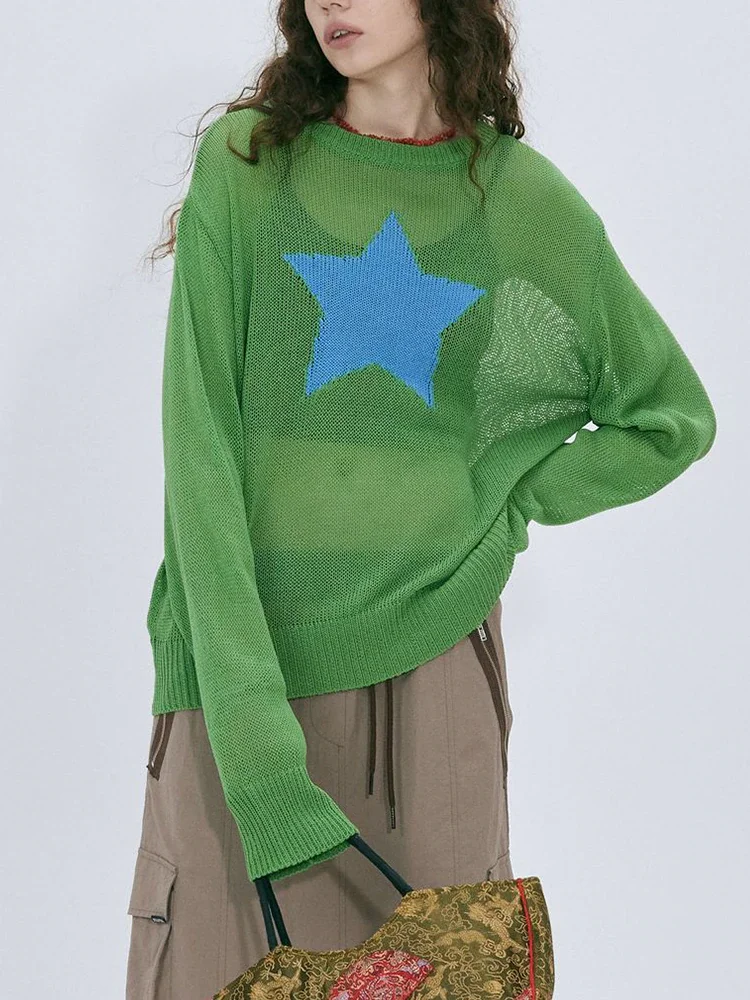 Uveng 2022 Summer Autumn Star Kintted Smock Tops Women Y2K Long Sleeve See Through Loose Pullovers T Shirts Vintage Streetwear