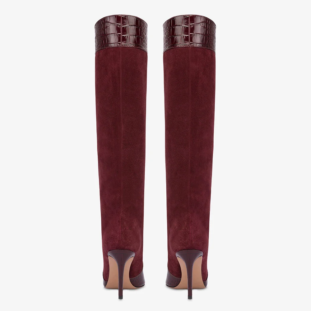 Burgundy Croco Embossed Stiletto Heel Knee High Boots for Women