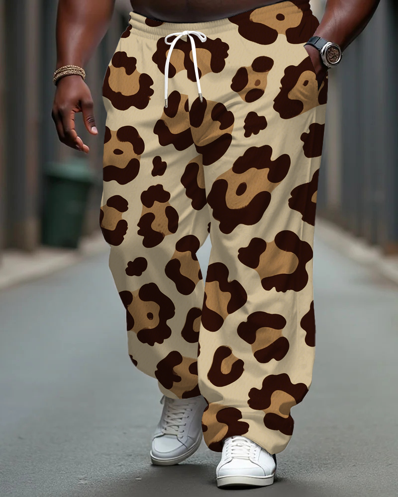 Men's Daily Casual Leopard Printed Big and Tall Pants with Pockets & Drawstring