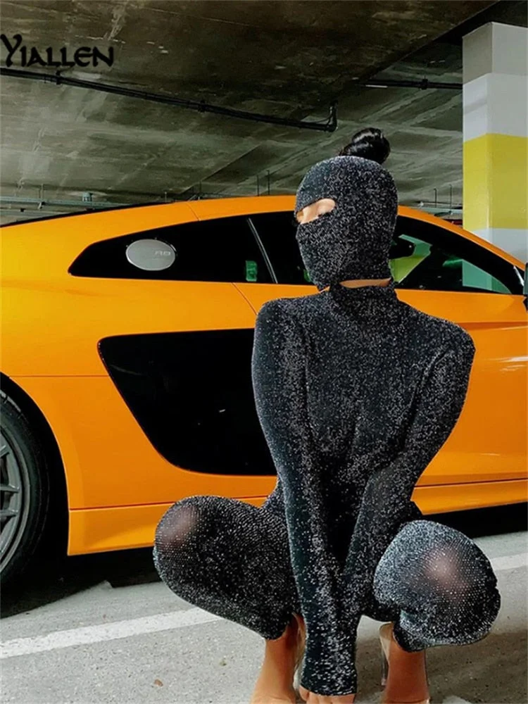 Yiallen 2021 Sexy Backless Shiny Jumpsuit + Mask Two Piece Outfits Women Matching Set Spring Night Party Club Femme Activewear