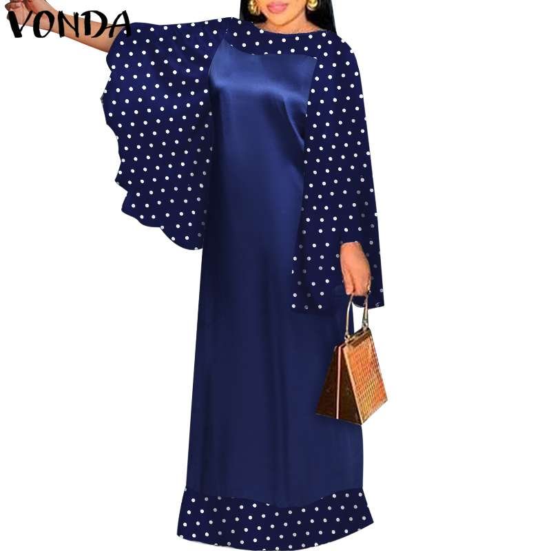 Elegant Satin Dress 2022 VONDA Women Vintage O Neck Polka Dot Bohemian Maxi Long Dress Beach Holiday Party Vestidos Oversized