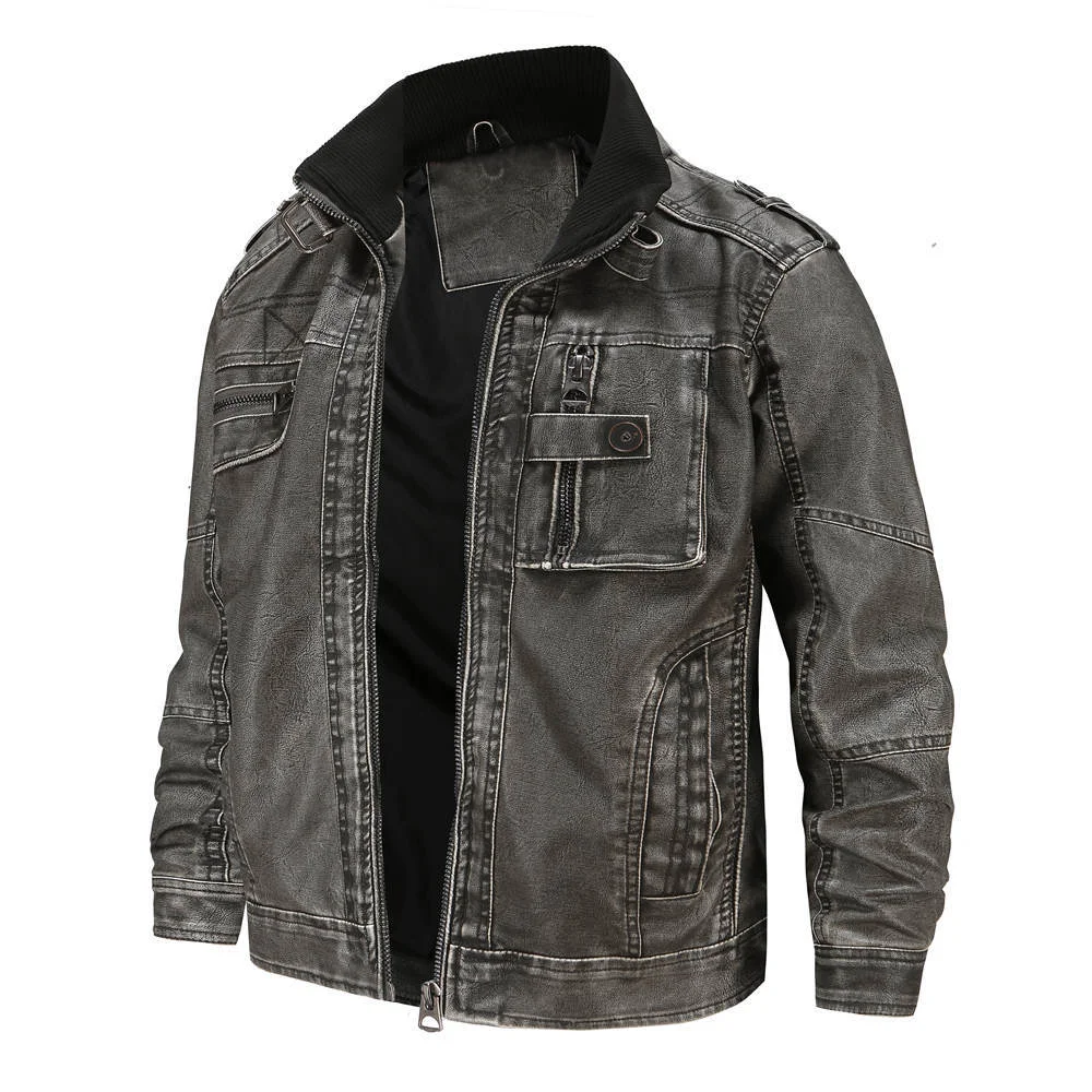 Men's retro casual stand collar washed leather jacket