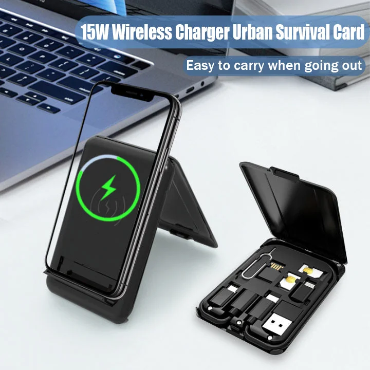 15W Wireless Charging Multi-Function Data Cable Adapter Storage Box Folding Mobile Phone Holder