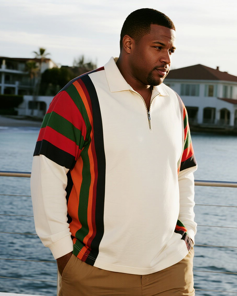 Big & Tall Men's Business Colorblock Multicolor Striped Print Long Sleeve Zipper Polo Shirt