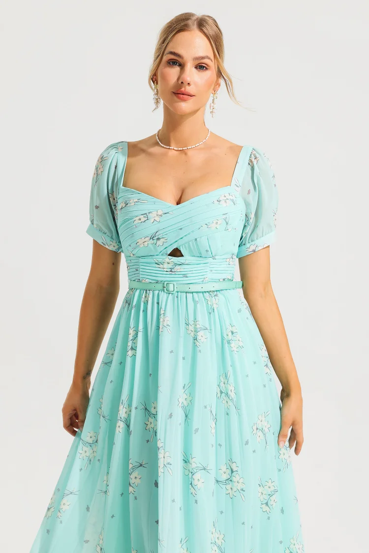 Square Collar Pleated Midi Dress With Belt