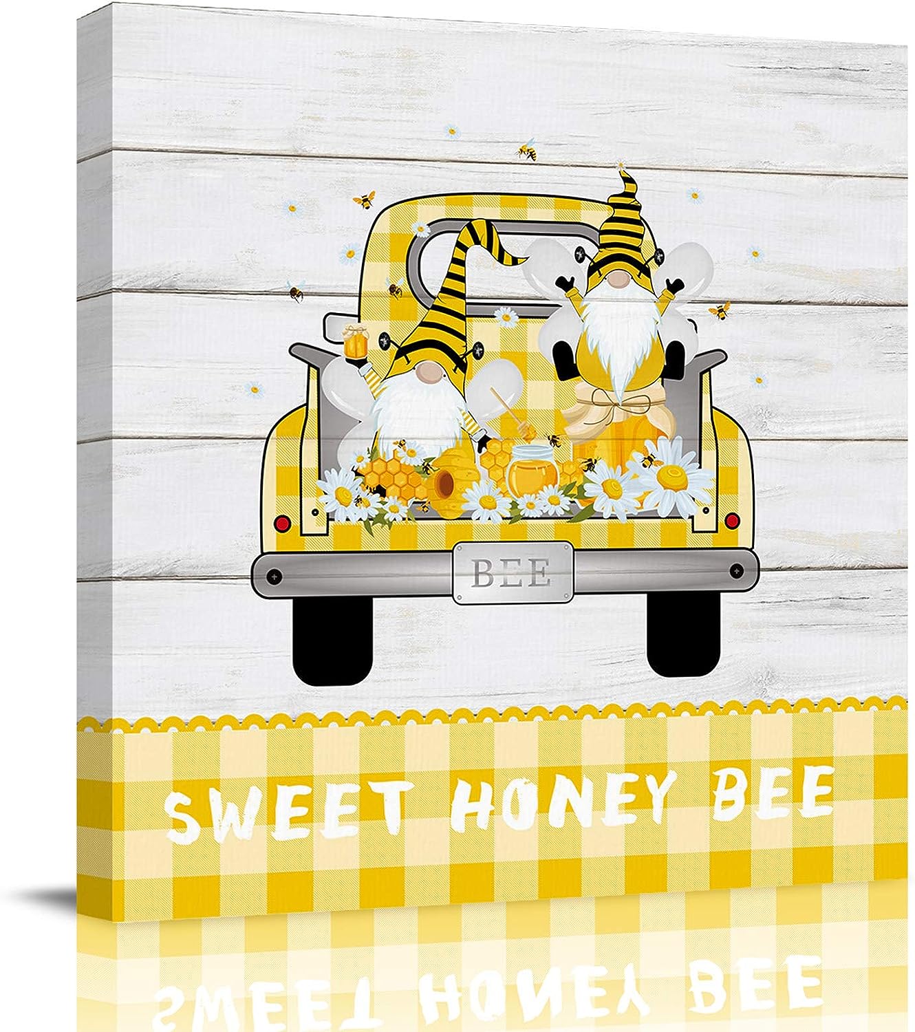 Canvas Prints Bathroom Wall Art Framed Wall Decor, Funny Gnome Sitting on the Yellow Truck Plaid Wall Paintings Print Artwork for Living Room Bedroom Kitchen Wall Decorations Ready to Hang 28x28in 28x28in