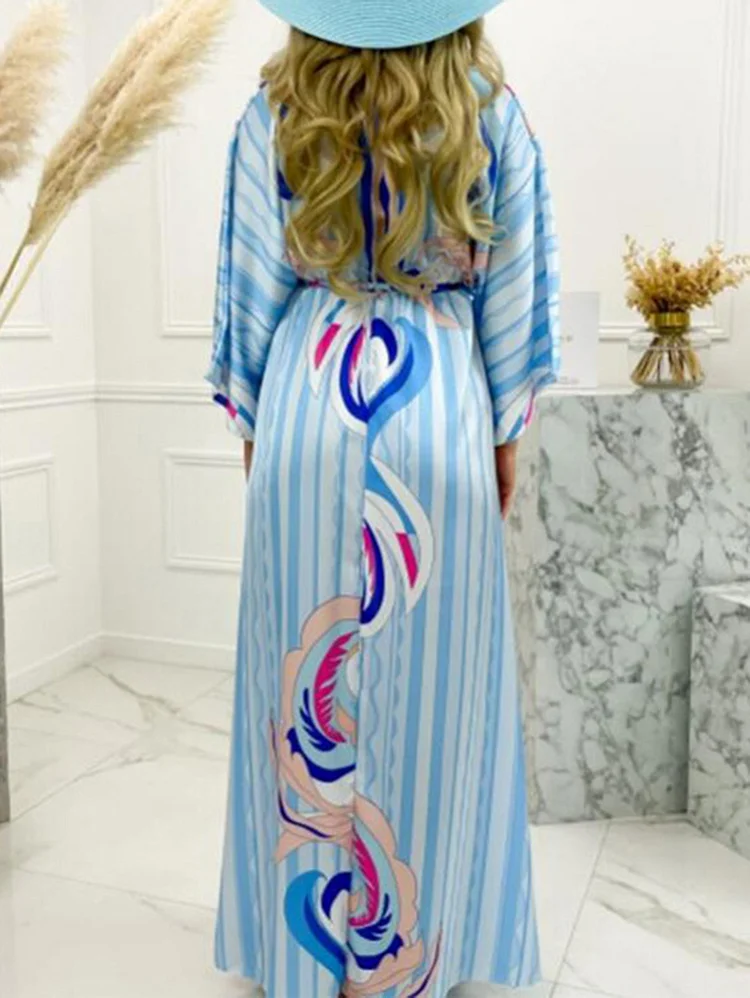 Elegant Allover Cinch Waist V Neck 3/4 Sleeve Slit Maxi Dress