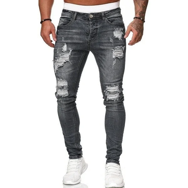 Mens Jeans Hip Hop Black Gray Cool Skinny Ripped Stretch Slim Elastic Denim Pants Large Size For Casual Jogging Jeans S-3XL