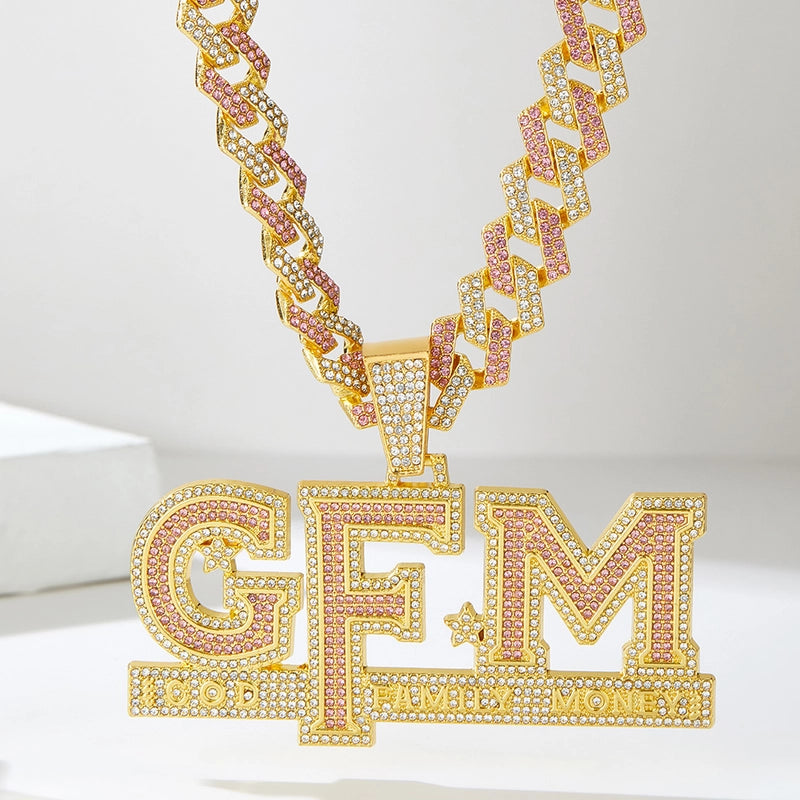 Hiphop Men Fashion Brands Diamond Rhinestone GFM Letter Pendant Personalized Hip Hop Pink Diamond Cuban Necklace For Women