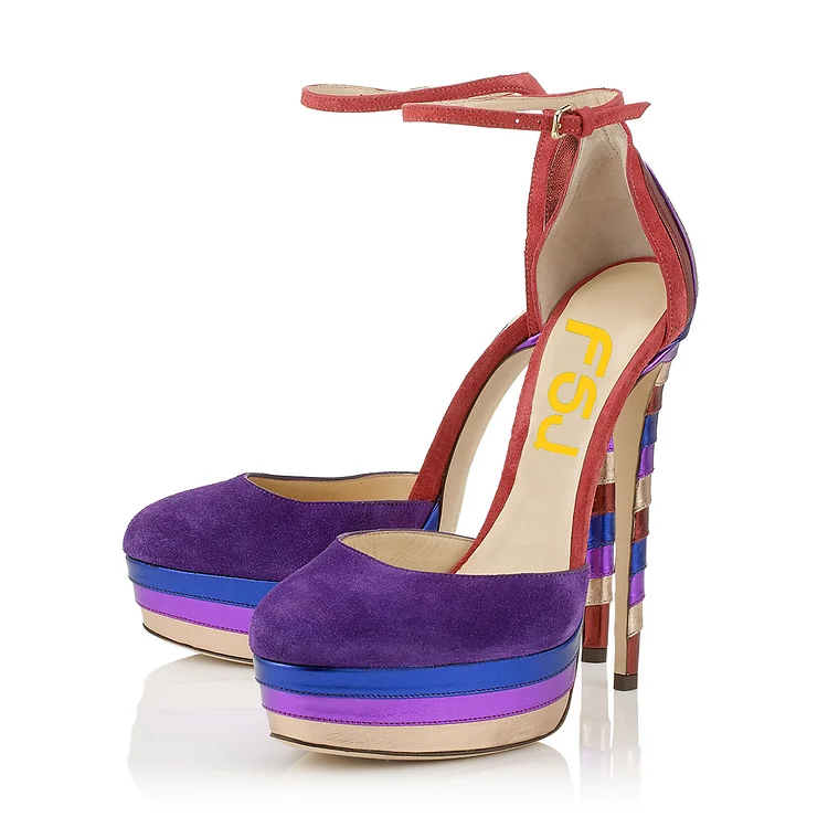 Multi-color Ankle Strap Heels Suede Platform Sandals High Heel Shoes |FSJ Shoes