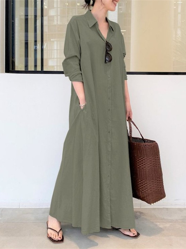 Women's Dress Cotton Linen Lapel Collar Single Breasted Loose Maxi Dress