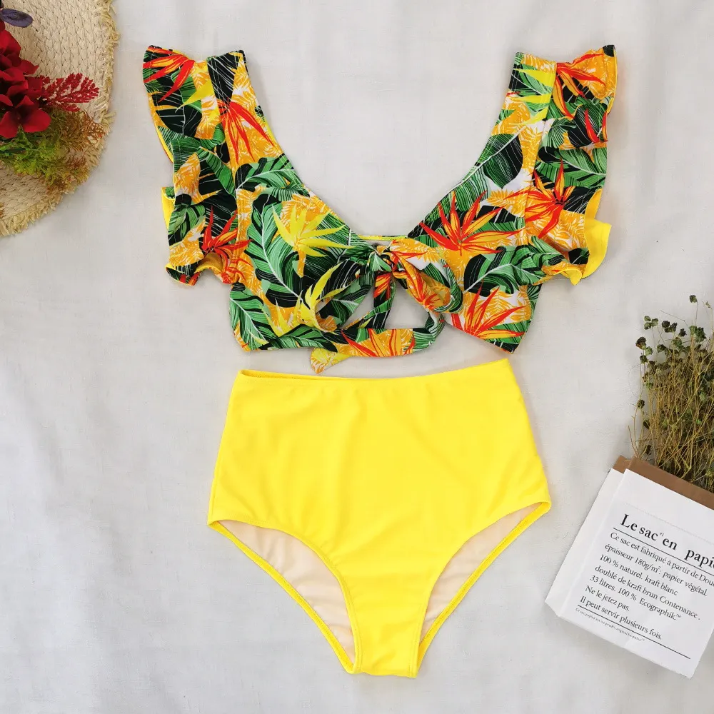 Brownm Bikini2025 New Lotus Edge Bikini Split Swimsuit Sexy High Waist