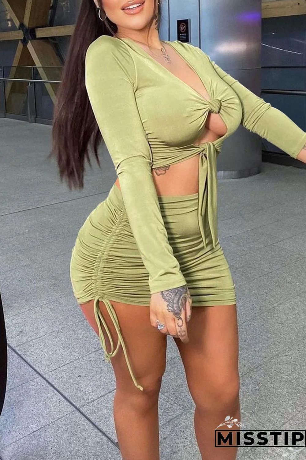 Light Green Sexy Solid Hollowed Out Patchwork Draw String Fold Knotted V Neck Long Sleeve Two Pieces