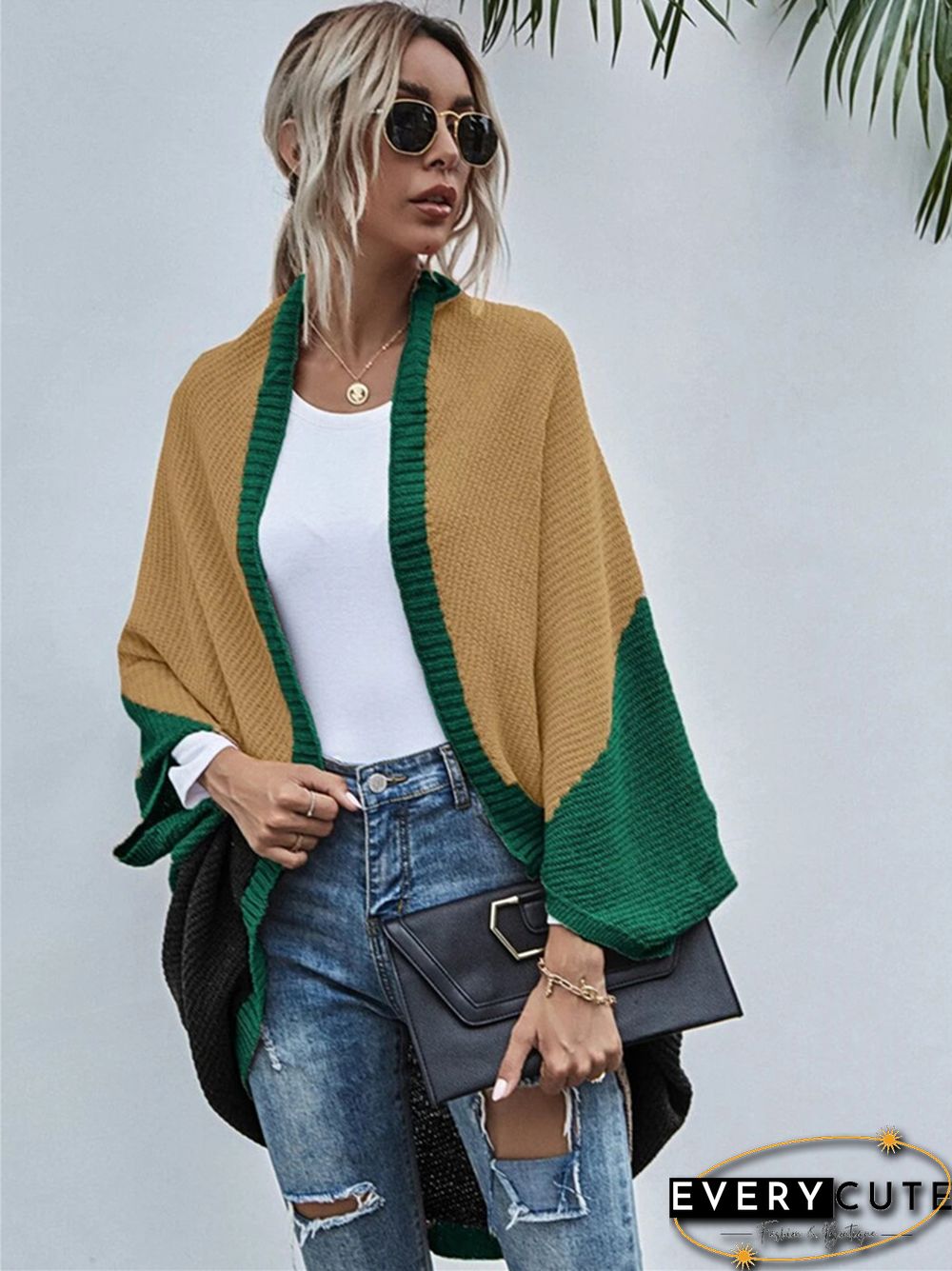 Contrast Shawl Knitted Cardigan Sweater