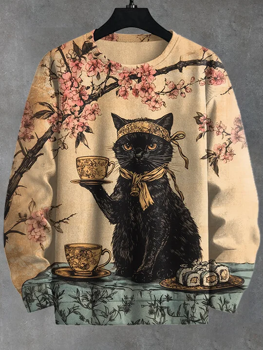 Men's Japanese Art Sakura Black Cat Print Casual Sweatshirt