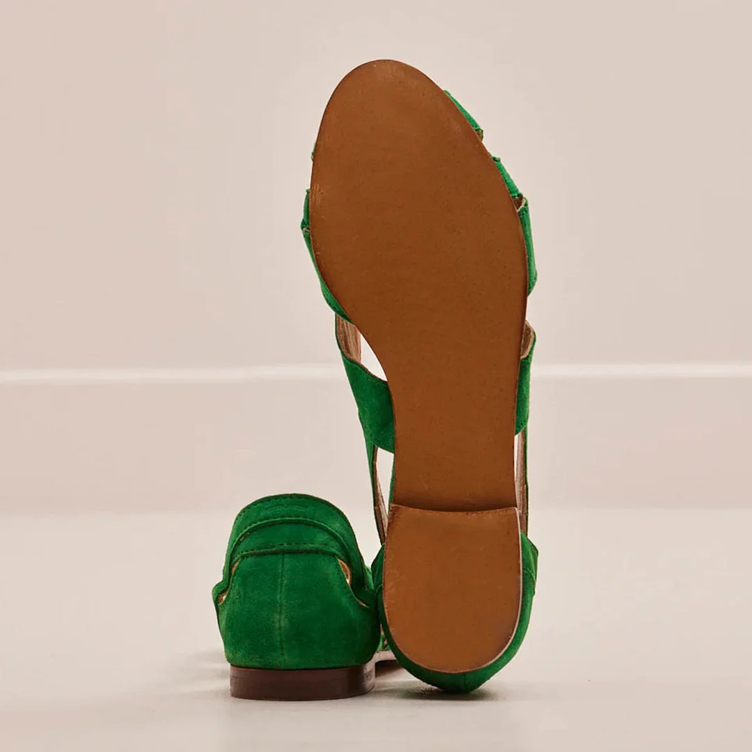 Green Vegan Suede Peep Toe Woven Details Sandal Flat Shoes Women