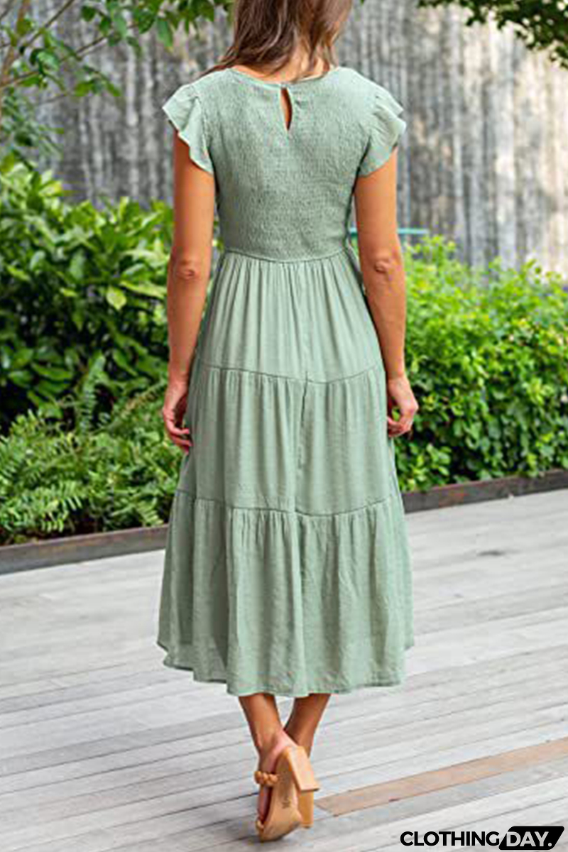 Fashion Solid Flounce O Neck Cake Skirt Dresses（9 colors）