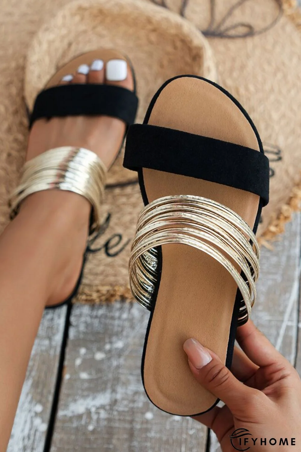 Black Suede Metallic Two Tone Flat Slippers | IFYHOME