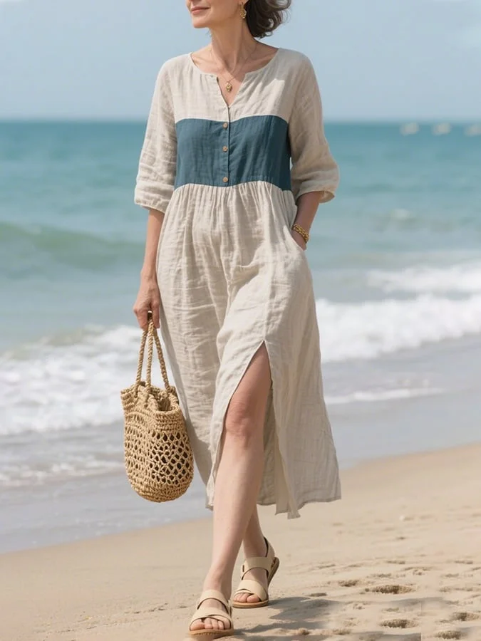 Women'S Contrast Color Stitching Dress 