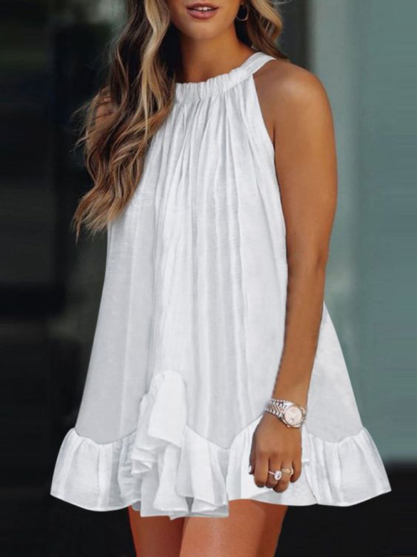 Mature Women Casual Summer Halter Neck Ruffle Sleeveless Pleated Dress
