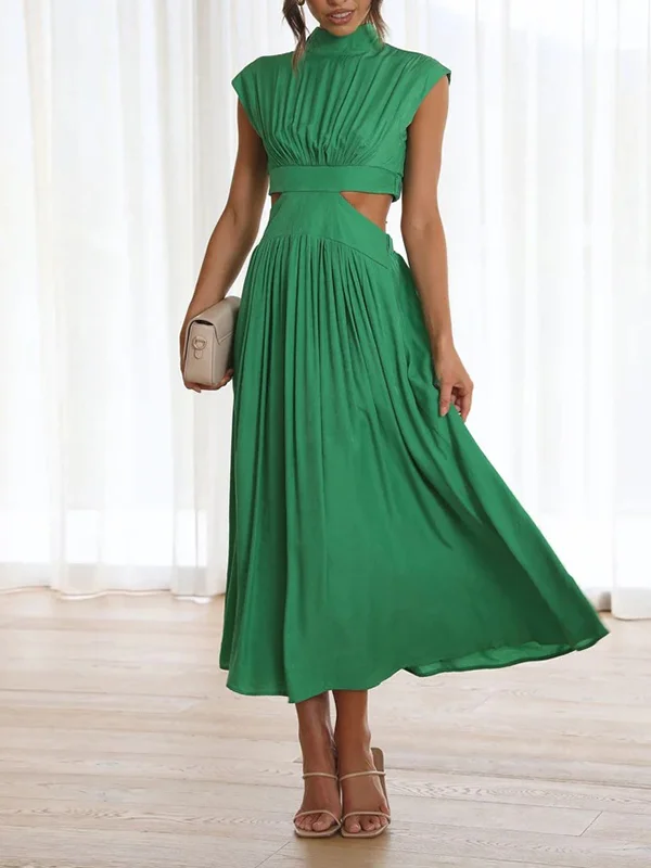Cap Sleeve Belly-Hollow Pleated Pure Color Stand Collar Maxi Dresses
