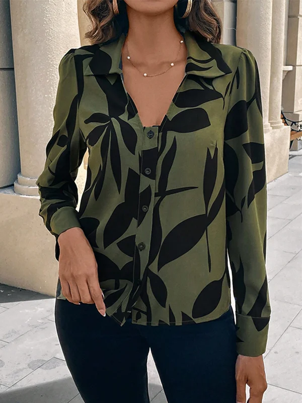 Buttoned Printed Long Sleeves Loose V-Neck Blouses&Shirts Tops