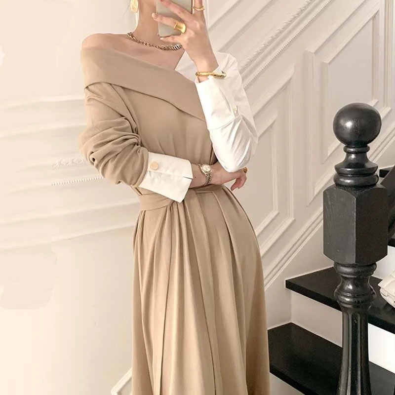 New Korea Style Elegant OL A Line Female Dress V Neck Long Dresses Solid High Waist Dress for Women Clothing Robe Femme 12795