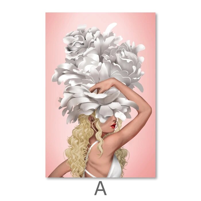 Modern White Flower Girl Elegant Nude Woman Canvas Painting Nordic Poster Prints Wall Art for Living Room Home Decor (No Frame)