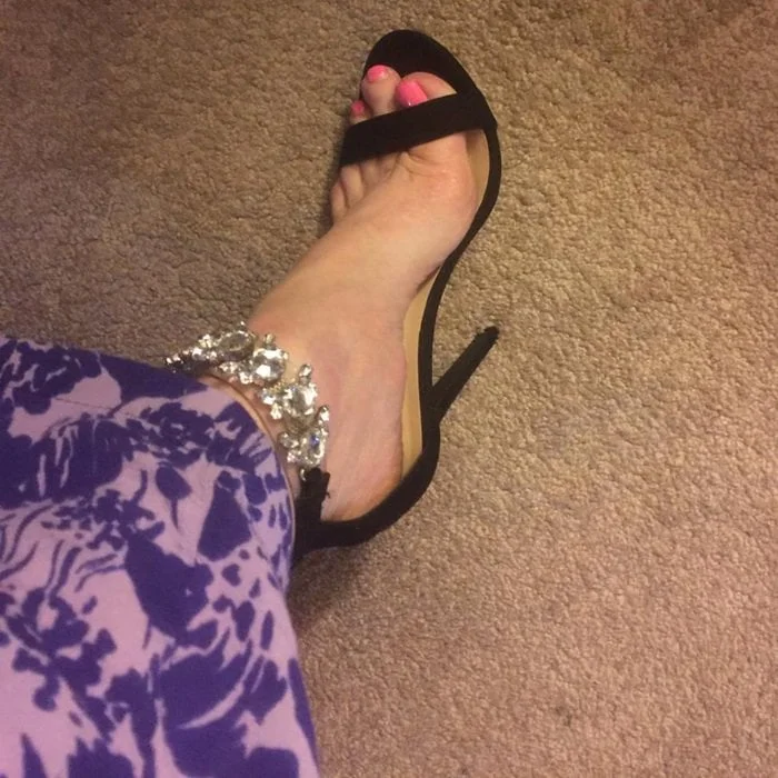 Black Vegan Suede Jeweled Ankle Strap Stiletto Heeled Sandals |FSJ Shoes