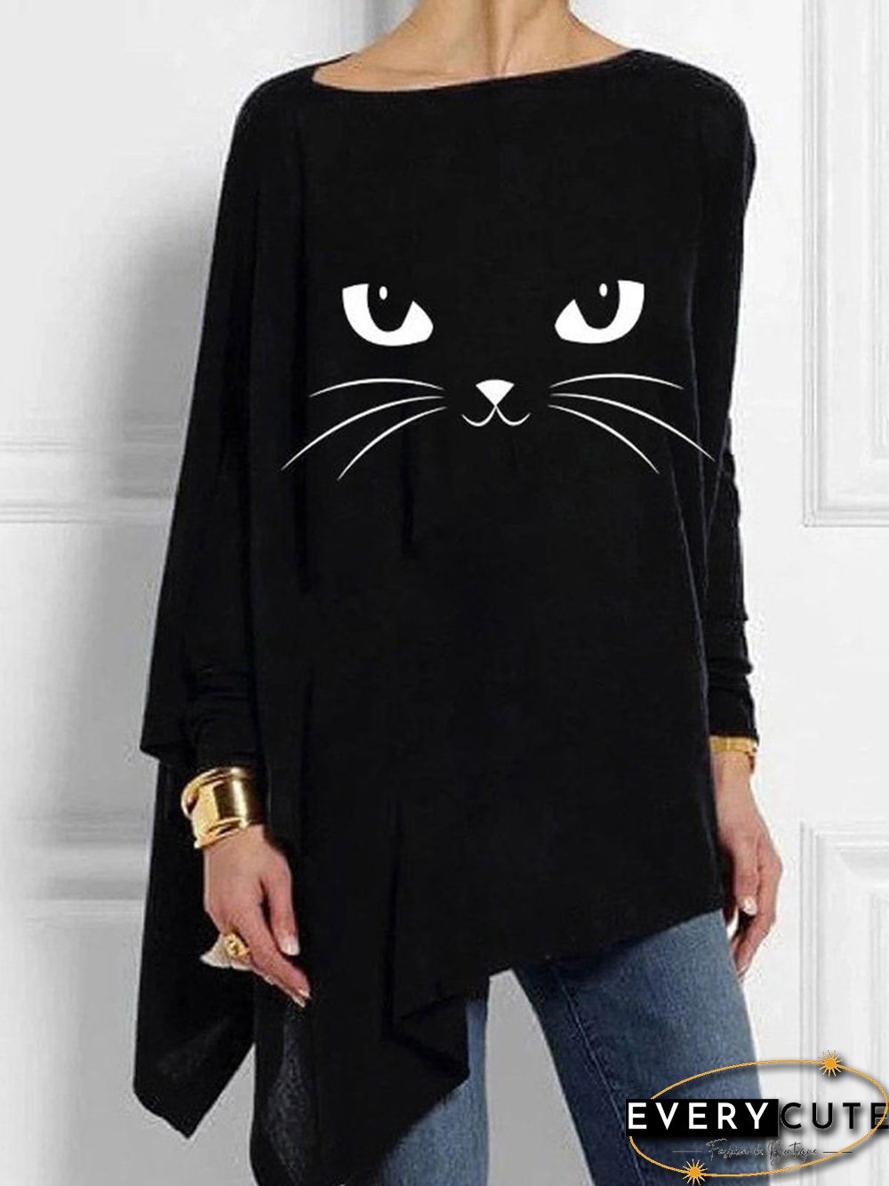 Black Casual Cat Printed Asymmetric Long Sleeve Shift Tops
