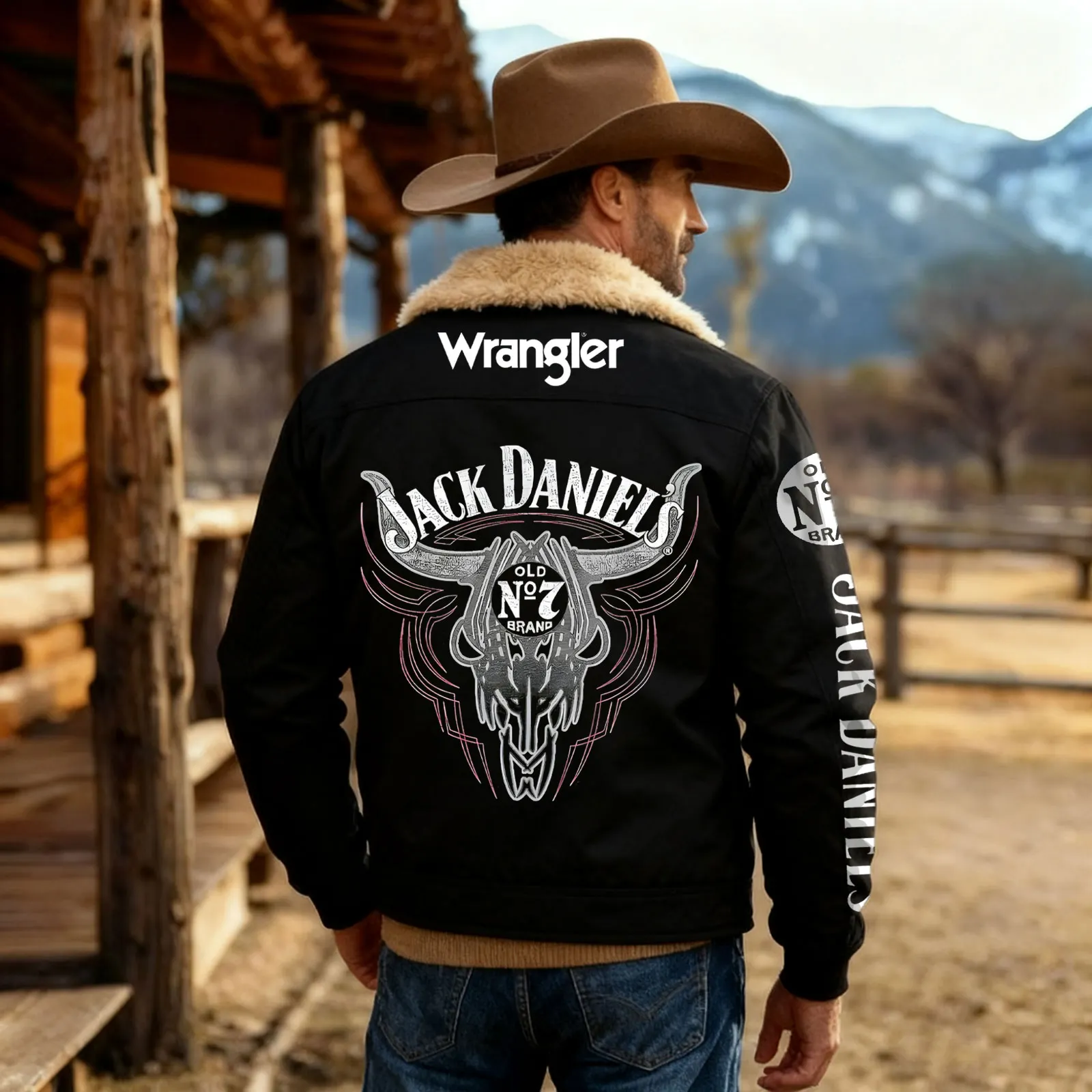 Men's Western Cowboy Outdoor Whiskey Bull Head Black Plush Jacket