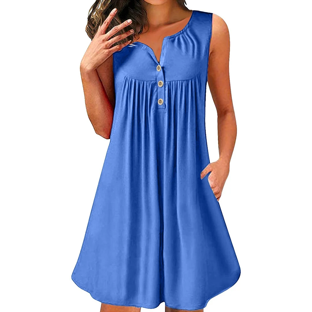Elegant Button Down Elastic Waist Swing Women Dresses Summer Casual Sleeveless V Neck T-shirt Tank Dress Beach Cover Up Dress