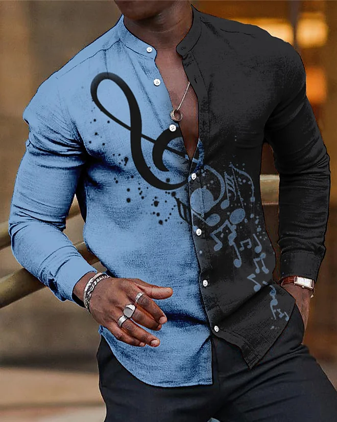 Suitmens Men's Cotton Linen Jazz Note Stand Collar Long Sleeve Shirt 057