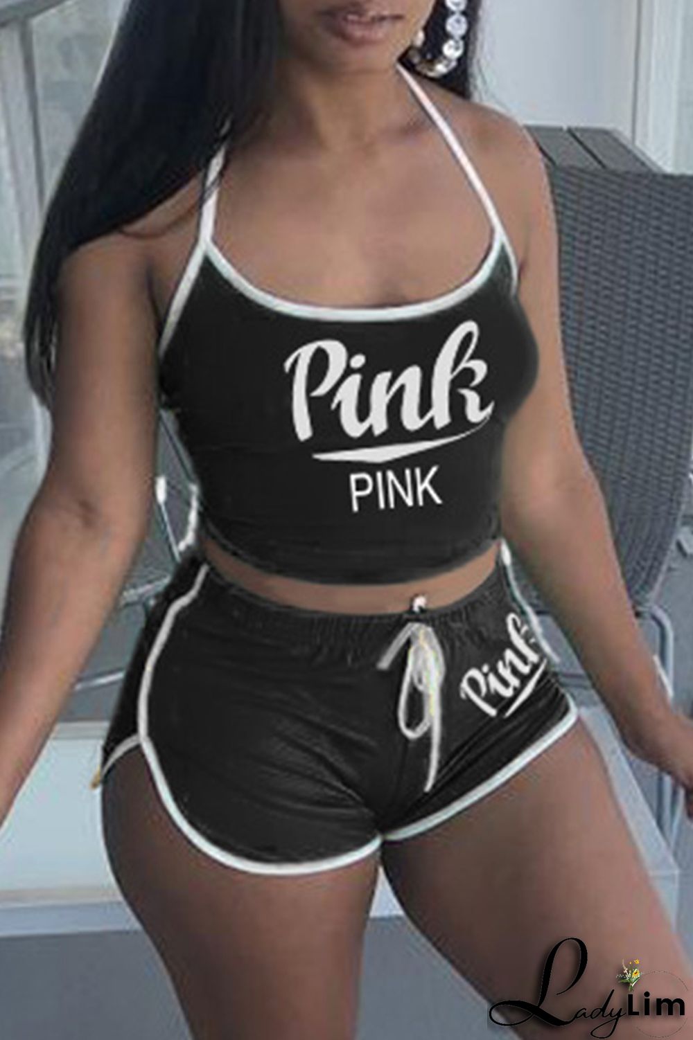 Burgundy Sexy Casual Letter Print Backless Halter Sleeveless Two Pieces