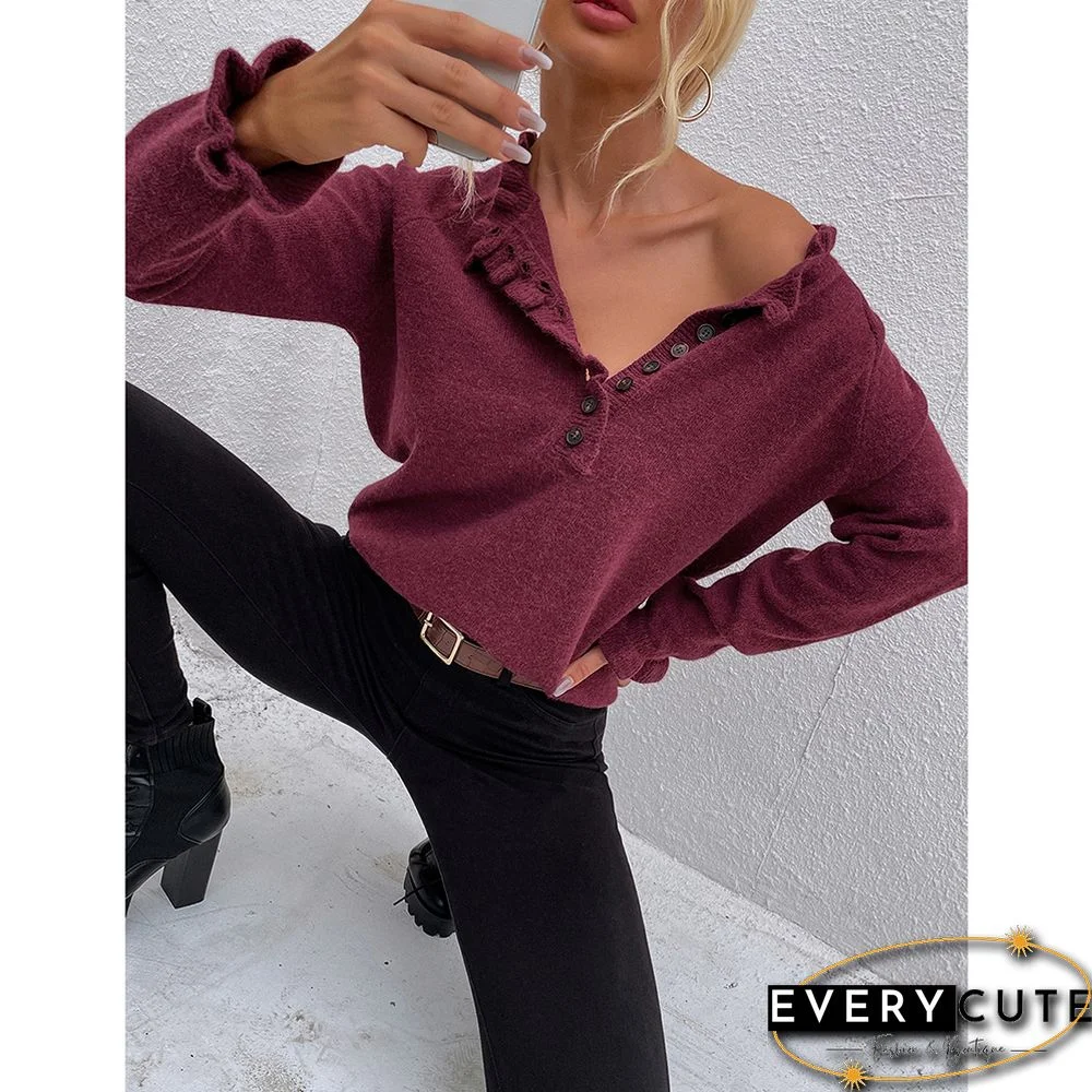 Wine Red Ruffle Detail Crew Neck Long Sleeve Knitted Sweater
