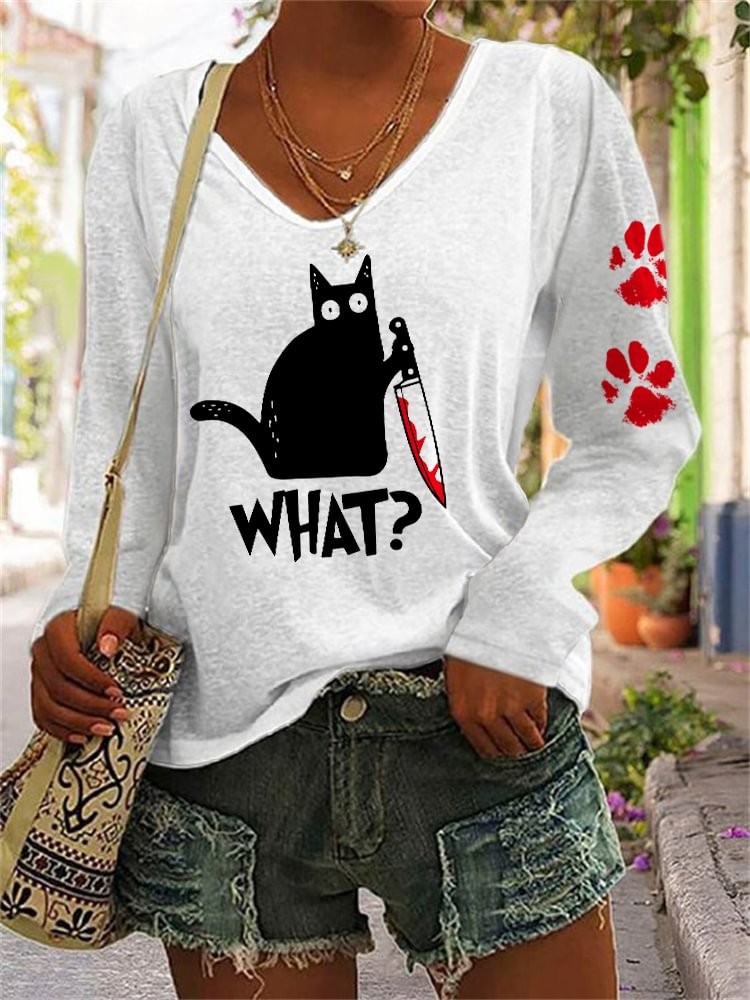 Cat With Bloody Knife & Paws Print T Shirt