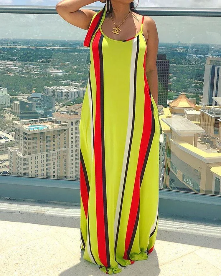 Striped Tie-dye Belt Turban Suspender Dress