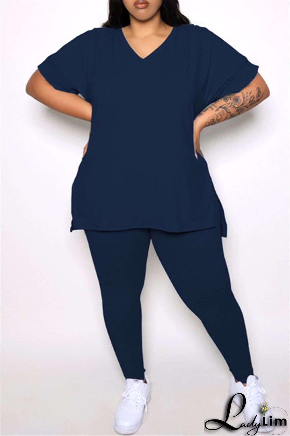 Tibetan Blue Fashion Casual Solid Slit V Neck Plus Size Two Pieces
