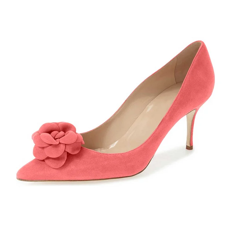 Pink Vegan Suede Shoes Pointy Toe Kitten Heel Pumps with Flower |FSJ Shoes