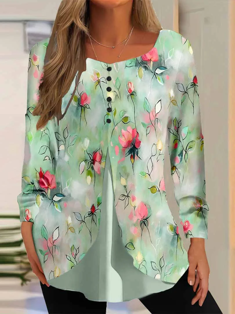 Women Floral,Green DZGG8353 Long Sleeve Scoop Neck Printed Graphic Button Fake 2in1 Tops