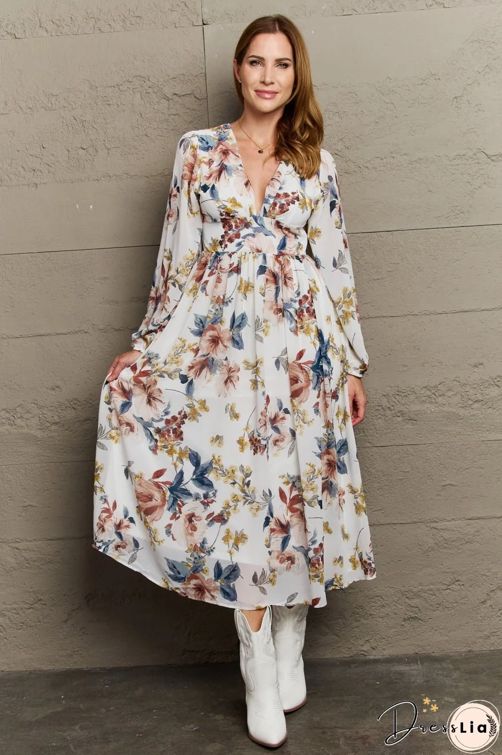 OneTheLand Good Day Chiffon Floral Midi Dress