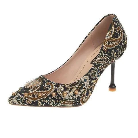 glitter crystal metal snow rivets single shoes red/black women wedding shoes pointed toe thin high heels slip on pumps stilettos