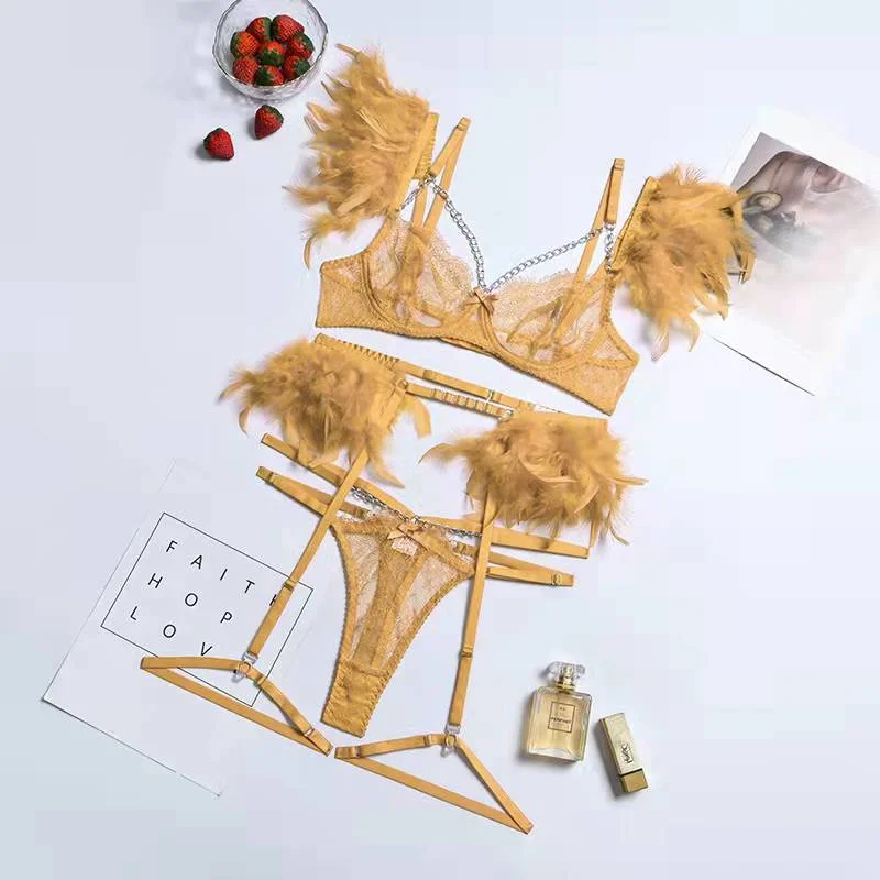 MIRABELLE Feathers Lingerie Set Woman 3 Pieces Delicate Underwear Sexy Transparent Lace Bra Set with Chain Luxury Erotic Sets